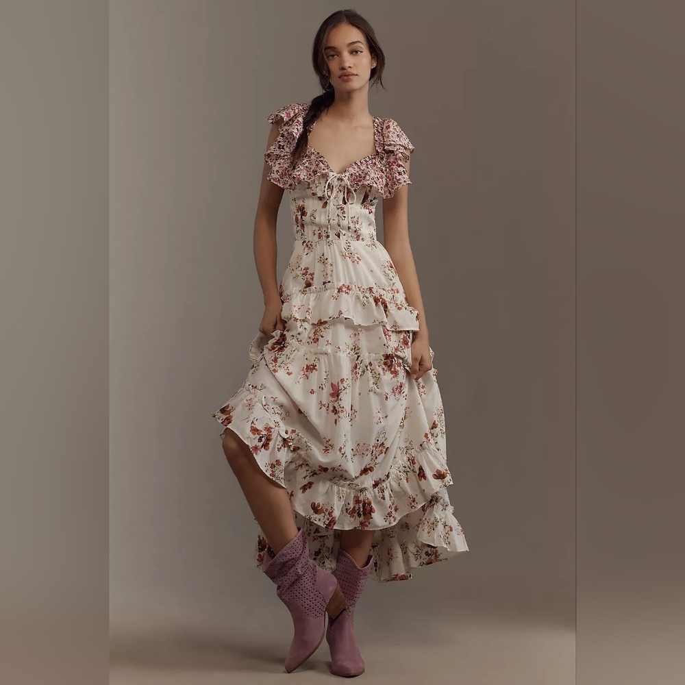 Maeve Ruffle-Sleeve V-Neck Lace-Up Dress
